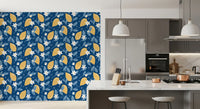 Kitchen dressed in Lemon Orchard wallpaper with citrus blossoms 
