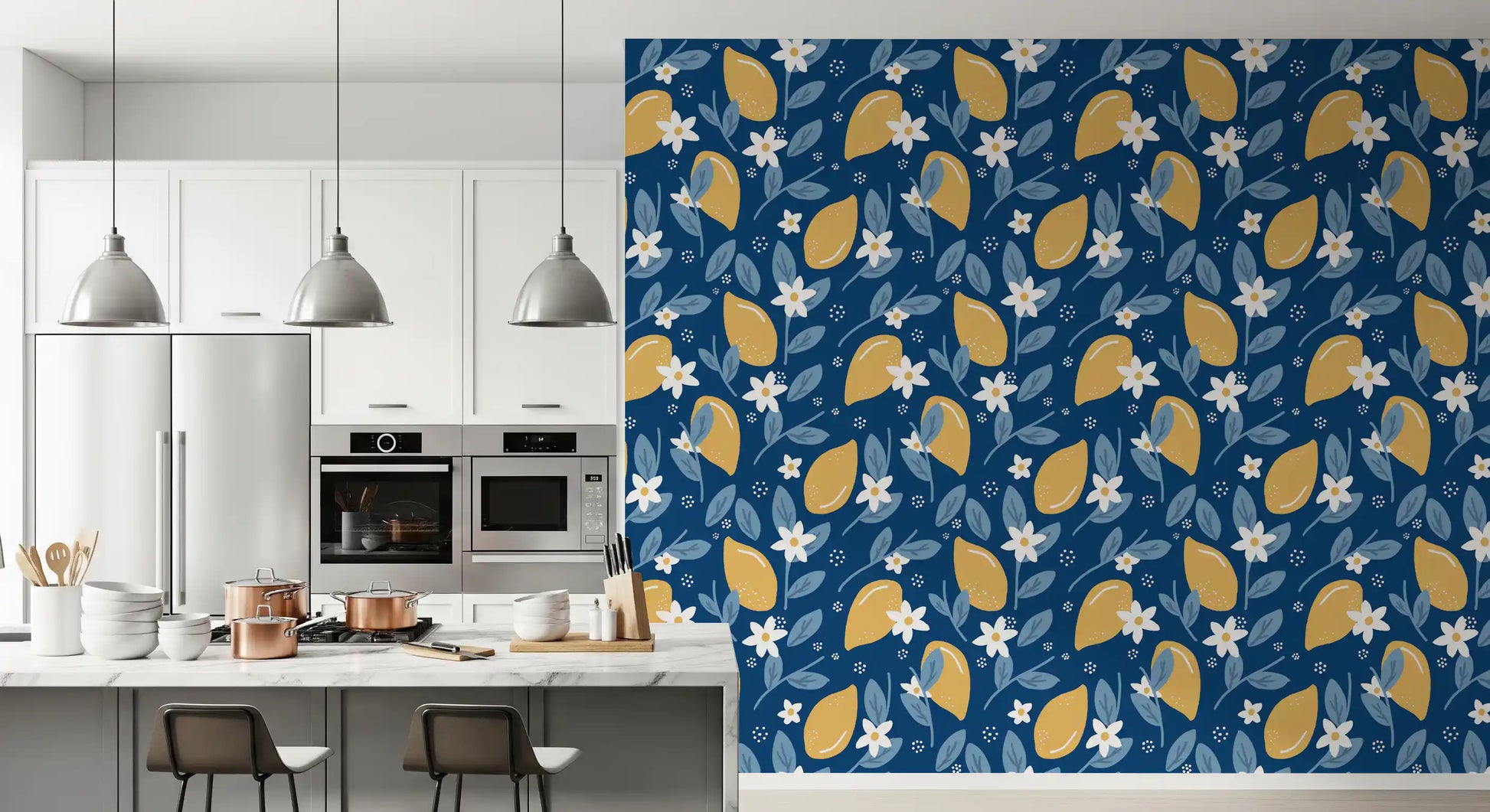 Kitchen area wall in Lemon Orchard wallpaper with lemon motifs