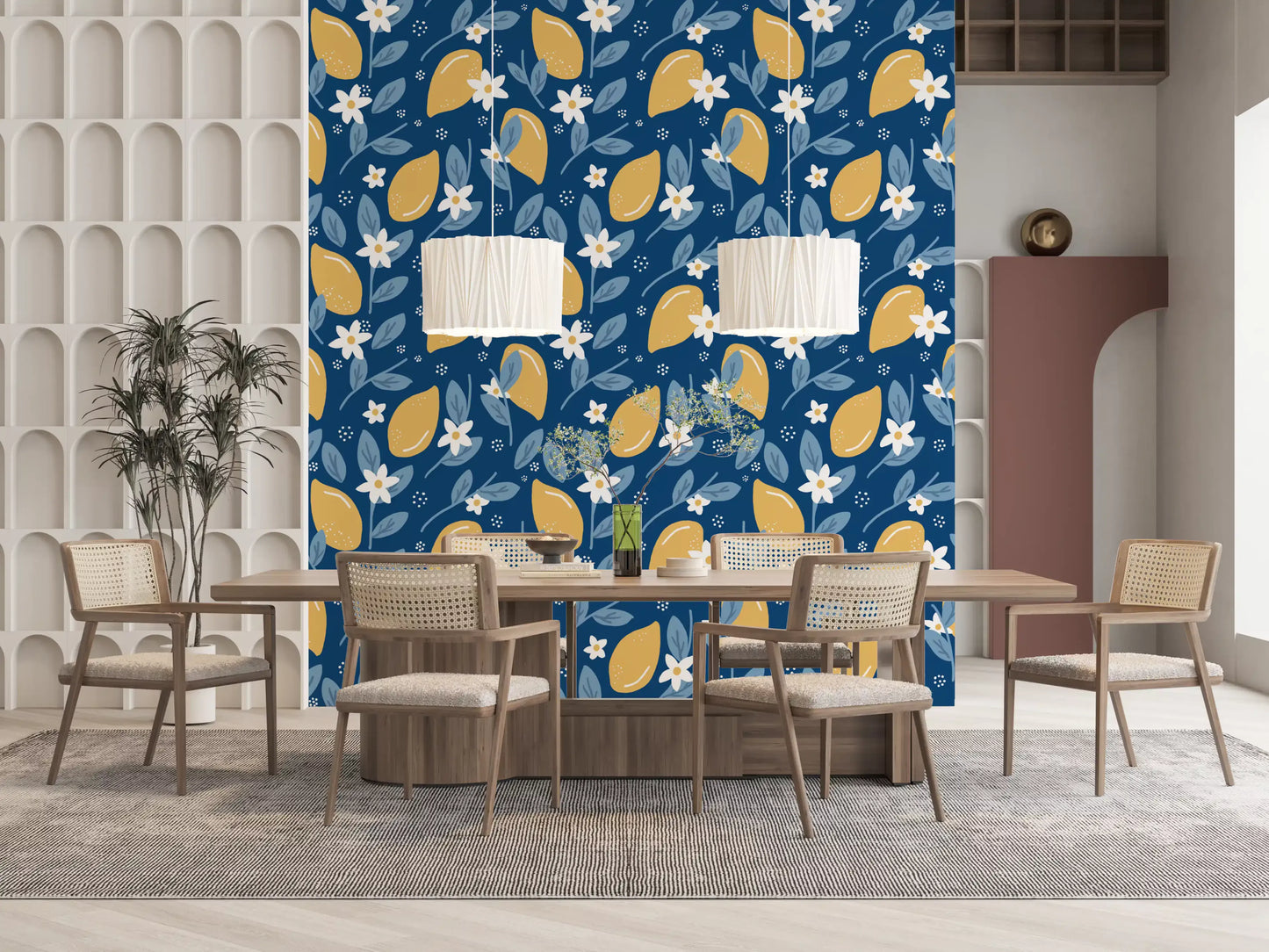 Navy blue base holding lemons across Lemon Orchard wallpaper 