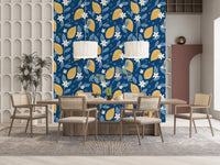 Navy blue base holding lemons across Lemon Orchard wallpaper 