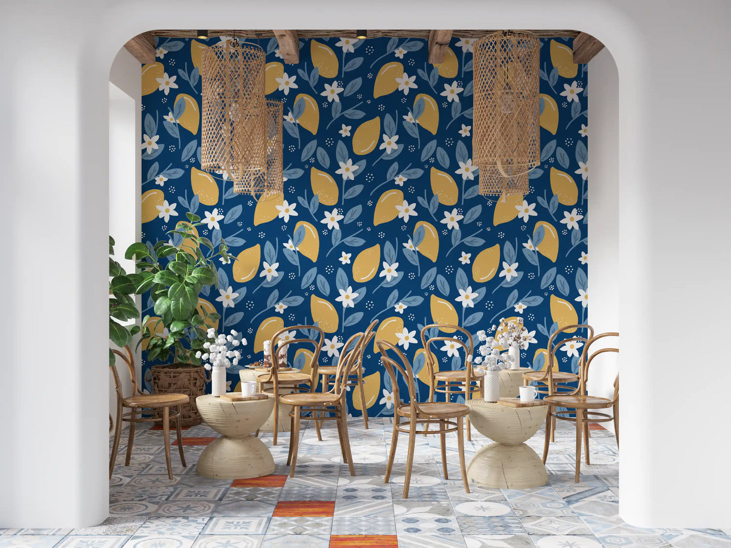 Sketched lemons and tiny dots on Lemon Orchard wallpaper 