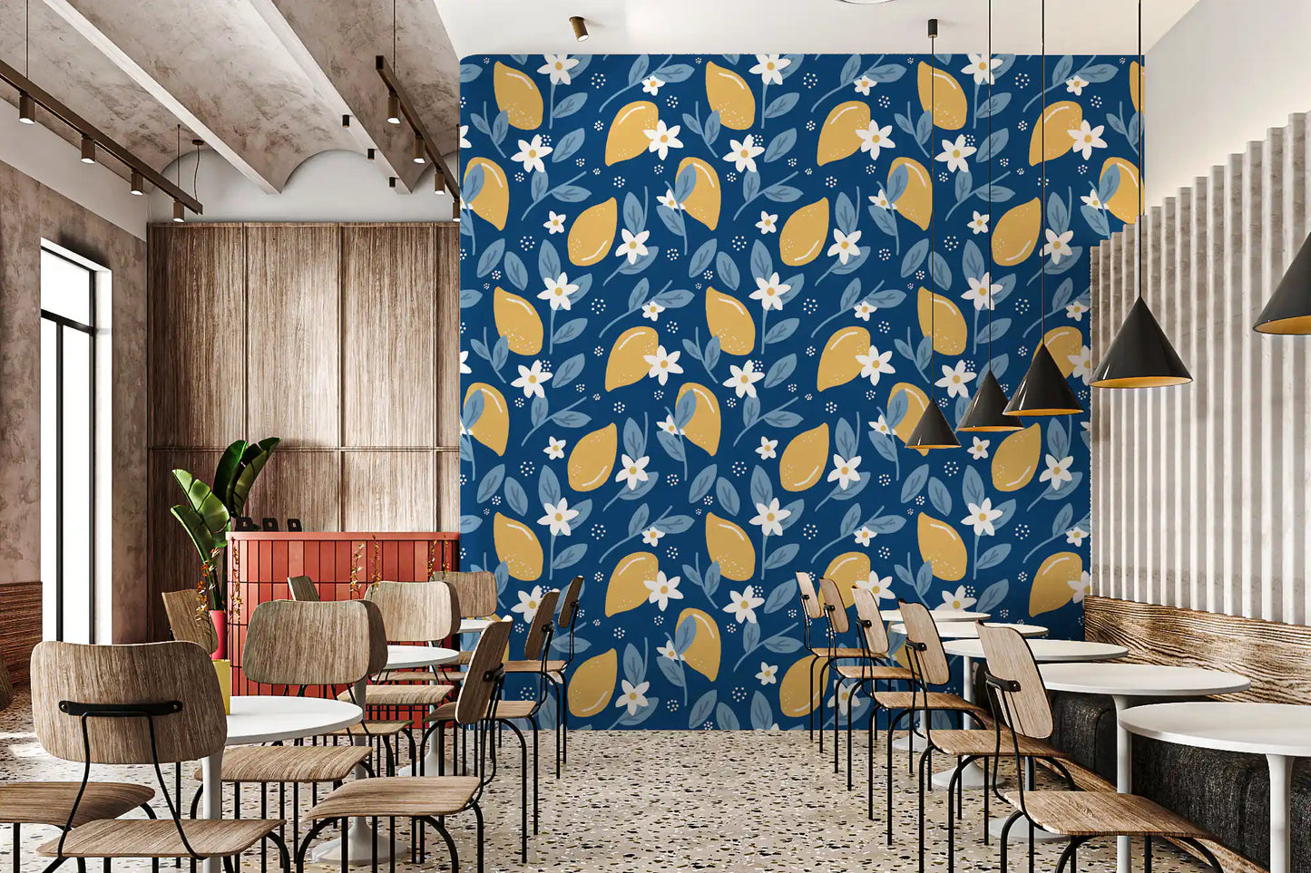 Yellow lemons and blue leaves on Lemon Orchard wallpaper print