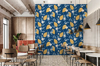 Yellow lemons and blue leaves on Lemon Orchard wallpaper print