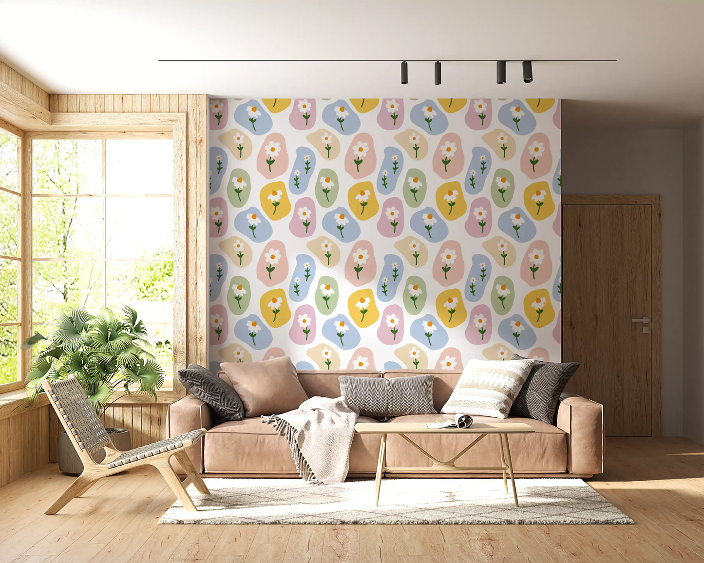 Playful Pastel Daisy Pebbles Wallpaper with daisy flowers and orange centers