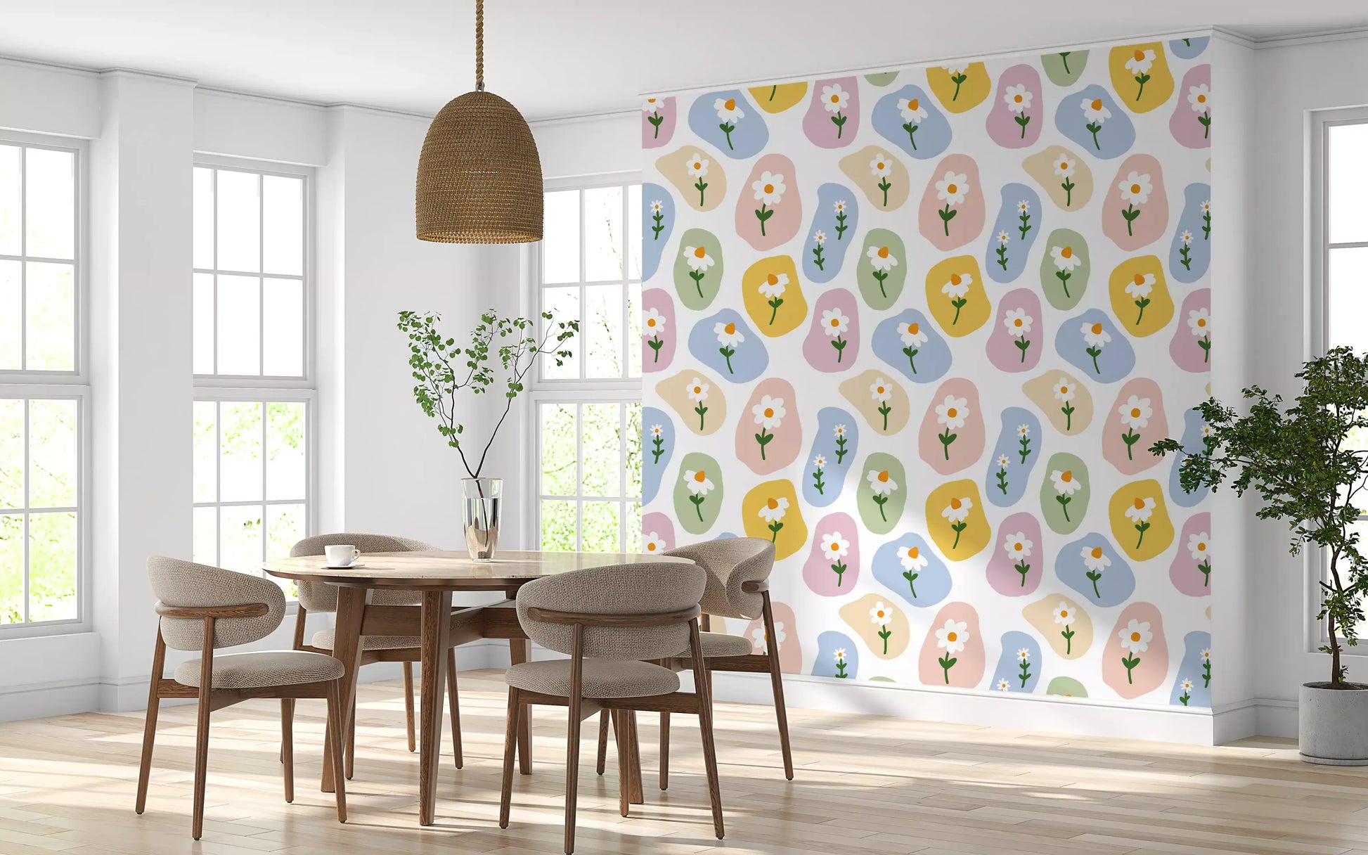 Dining room wall finished with Pastel Daisy Pebbles Wallpaper floral pattern