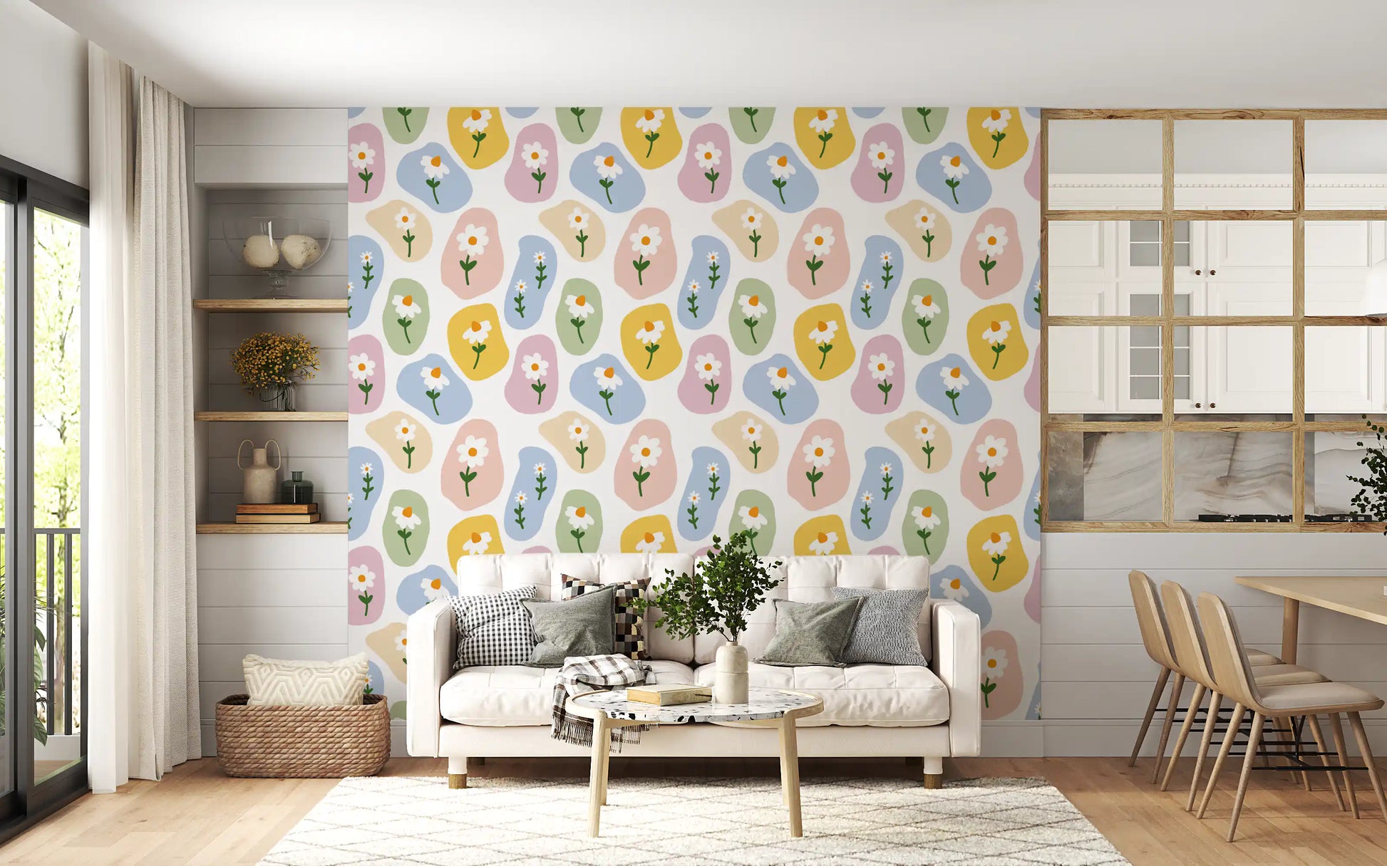 Pastel Daisy Pebbles Wallpaper with white daisies and rounded color shapes