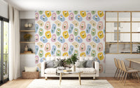 Pastel Daisy Pebbles Wallpaper with white daisies and rounded color shapes
