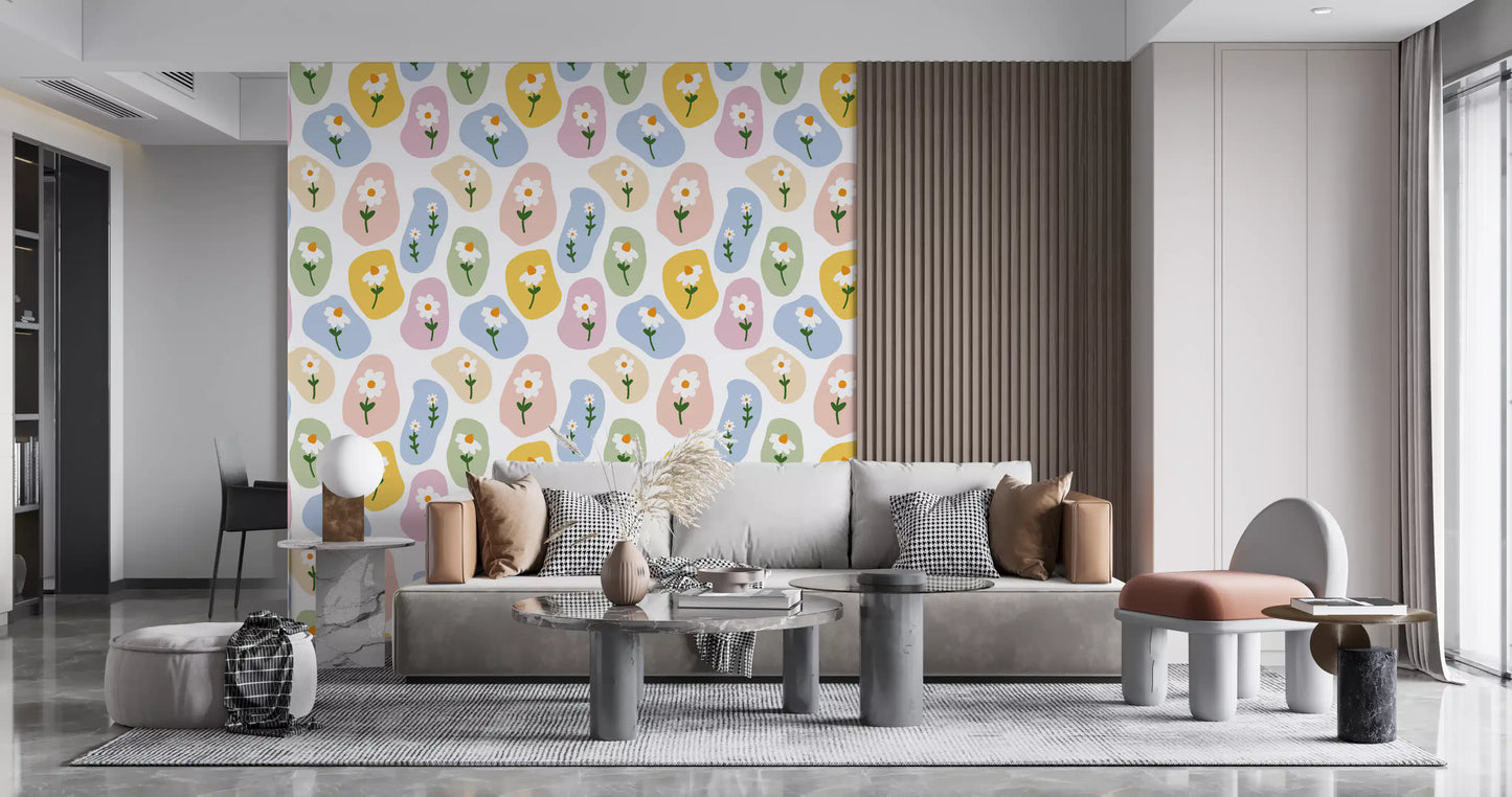 Modern Pastel Daisy Pebbles Wallpaper with blue, pink, yellow, and green tones