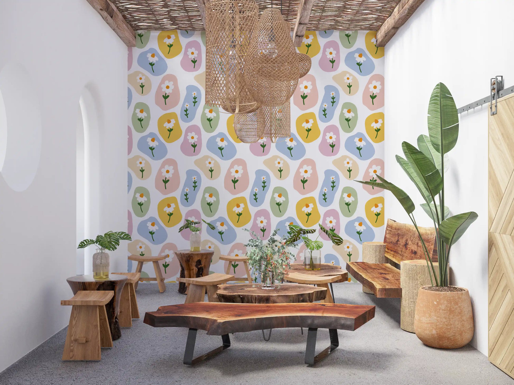 Cafe area wall featuring Pastel Daisy Pebbles Wallpaper with daisy artwork