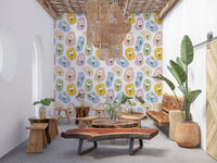 Cafe area wall featuring Pastel Daisy Pebbles Wallpaper with daisy artwork