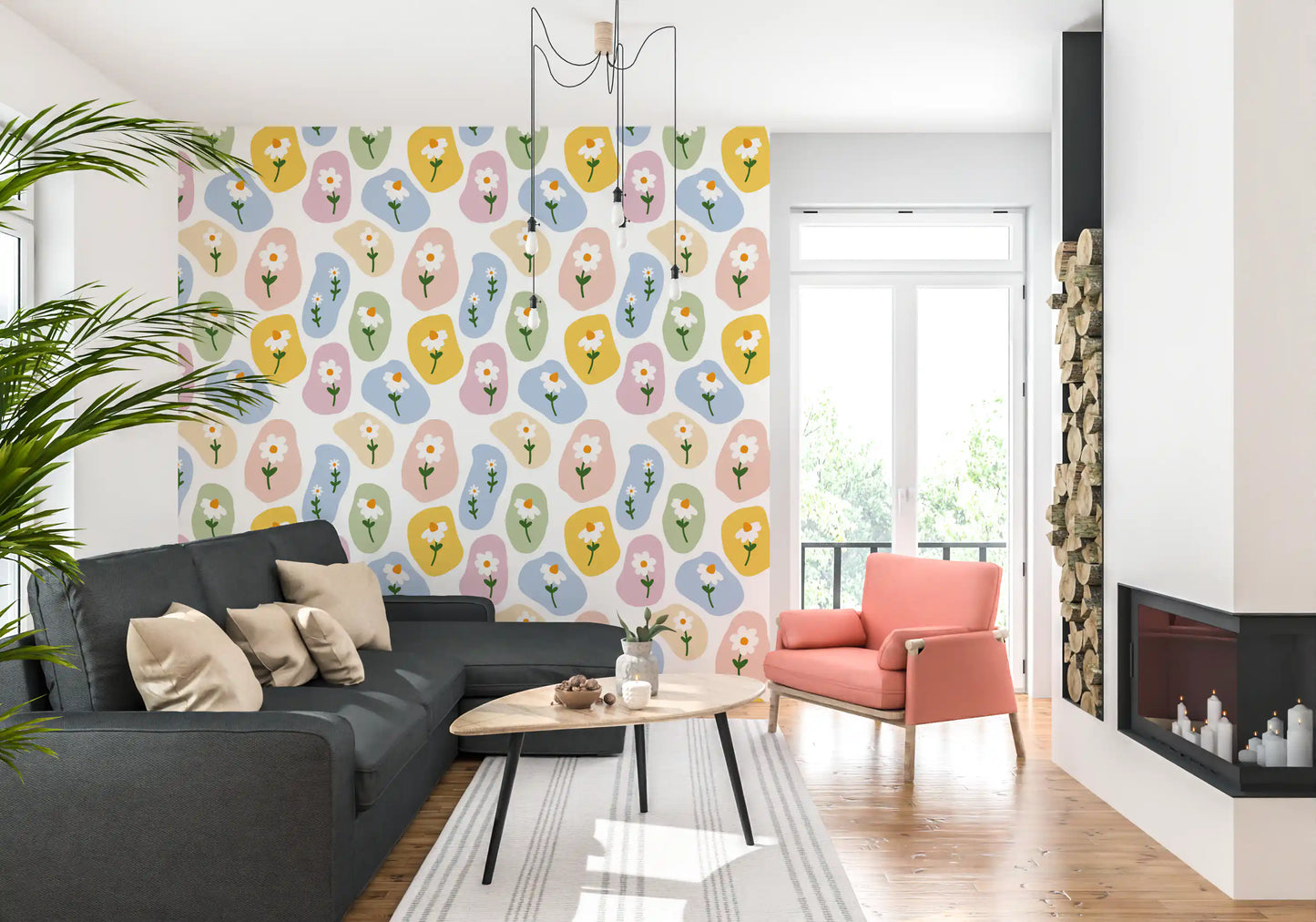 Office Home styled with Pastel Daisy Pebbles Wallpaper in gentle pastel tones