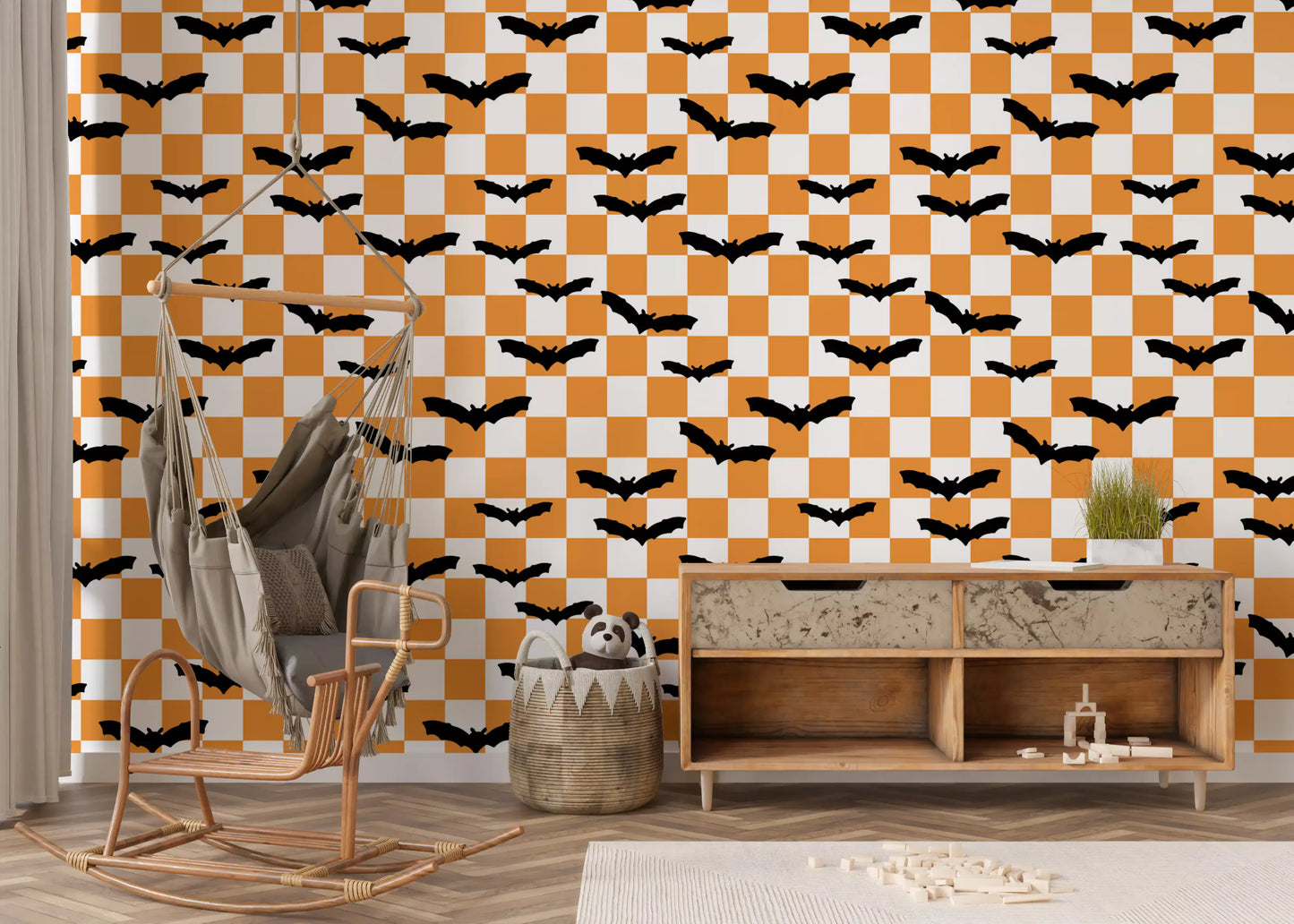 Halloween style Spooky Checkerboard Bats Wallpaper with spooky bat artwork