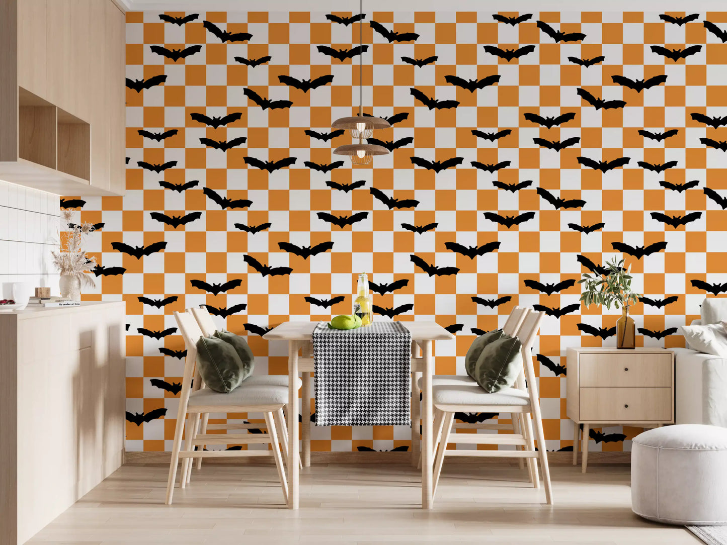 Spooky Checkerboard Bats Wallpaper with black flying bats and orange squares