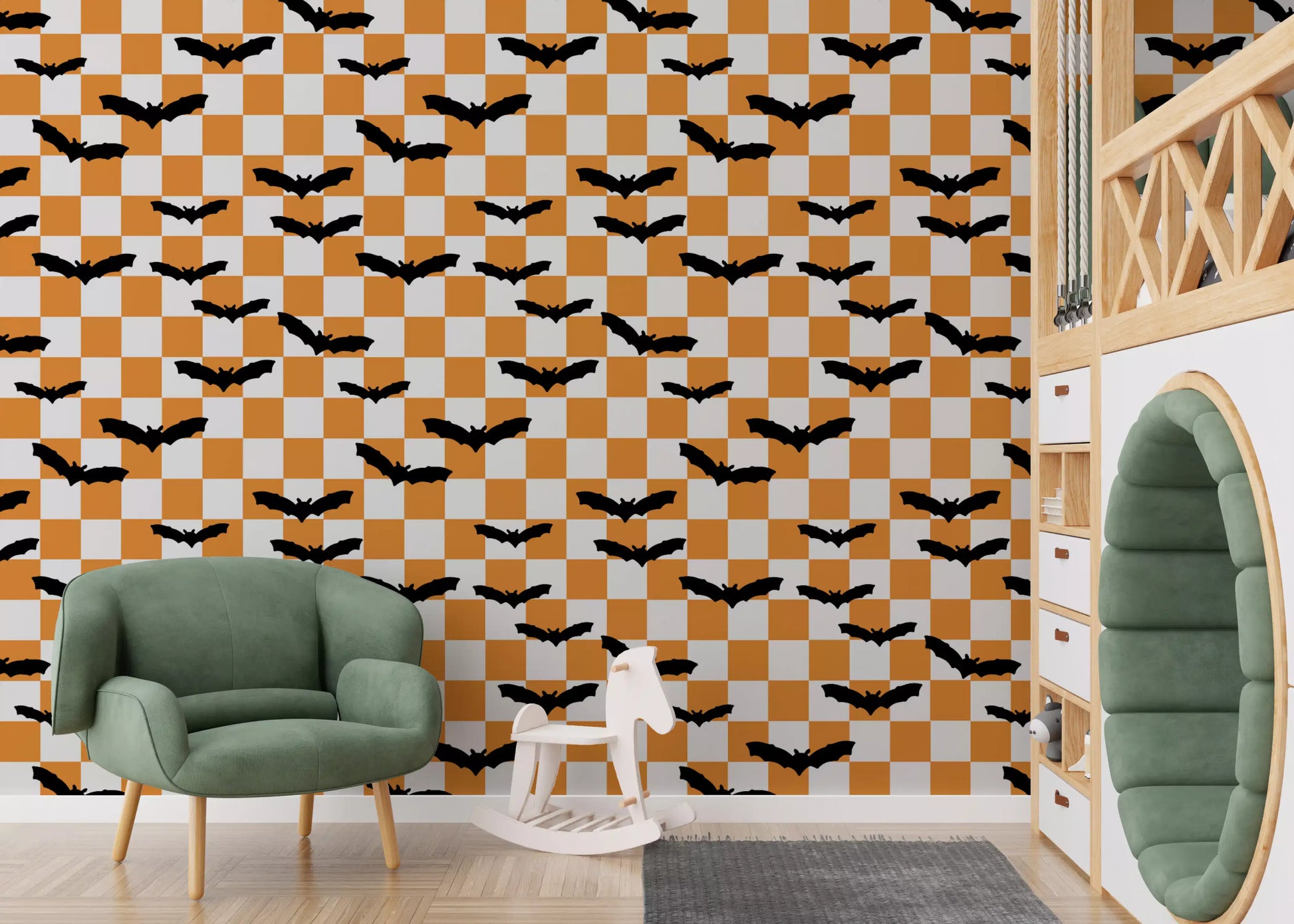 Hallway styled with Spooky Checkerboard Bats Wallpaper and checker pattern