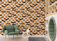 Hallway styled with Spooky Checkerboard Bats Wallpaper and checker pattern