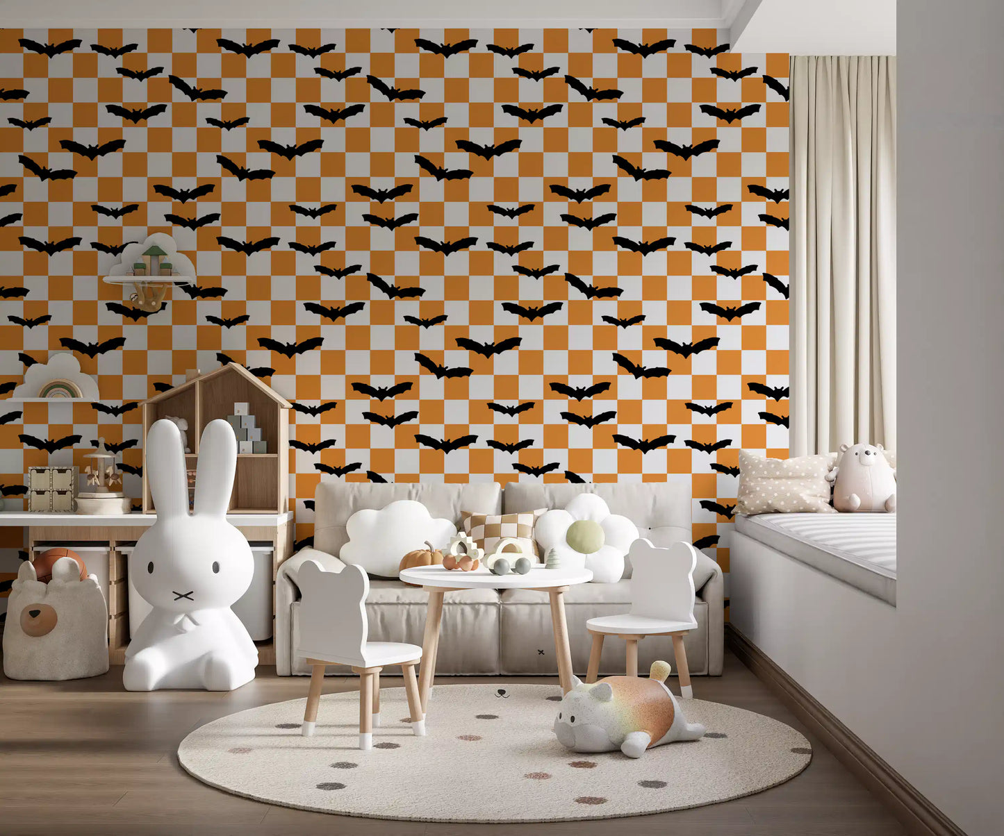 Kids room with Spooky Checkerboard Bats Wallpaper and sharp contrast