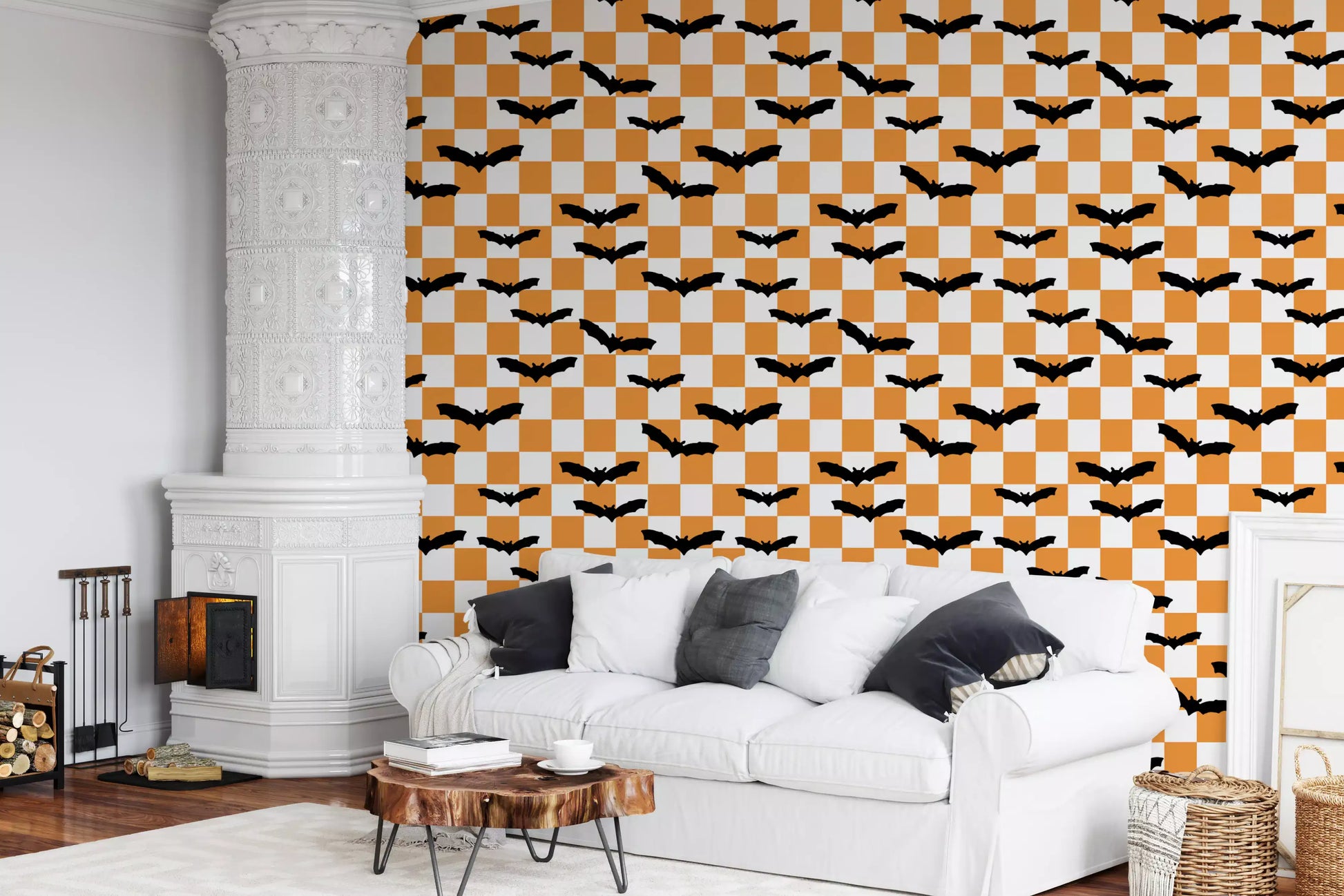 Hallway with Spooky Checkerboard Bats Wallpaper in bold orange grid style