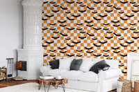 Hallway with Spooky Checkerboard Bats Wallpaper in bold orange grid style
