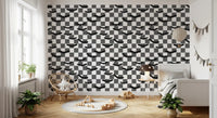 Forest floor wallpaper featuring mushrooms and acorns in muted tones