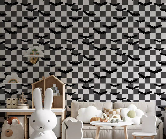 Kids room styled with forest mushrooms wallpaper and acorn detail