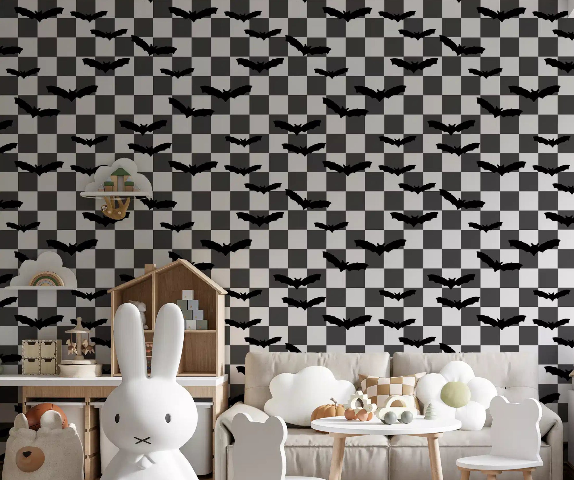 Kids room styled with forest mushrooms wallpaper and acorn detail