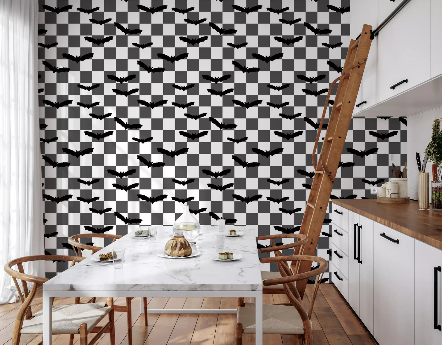 Kitchen wall covered in mushrooms and acorns wallpaper design