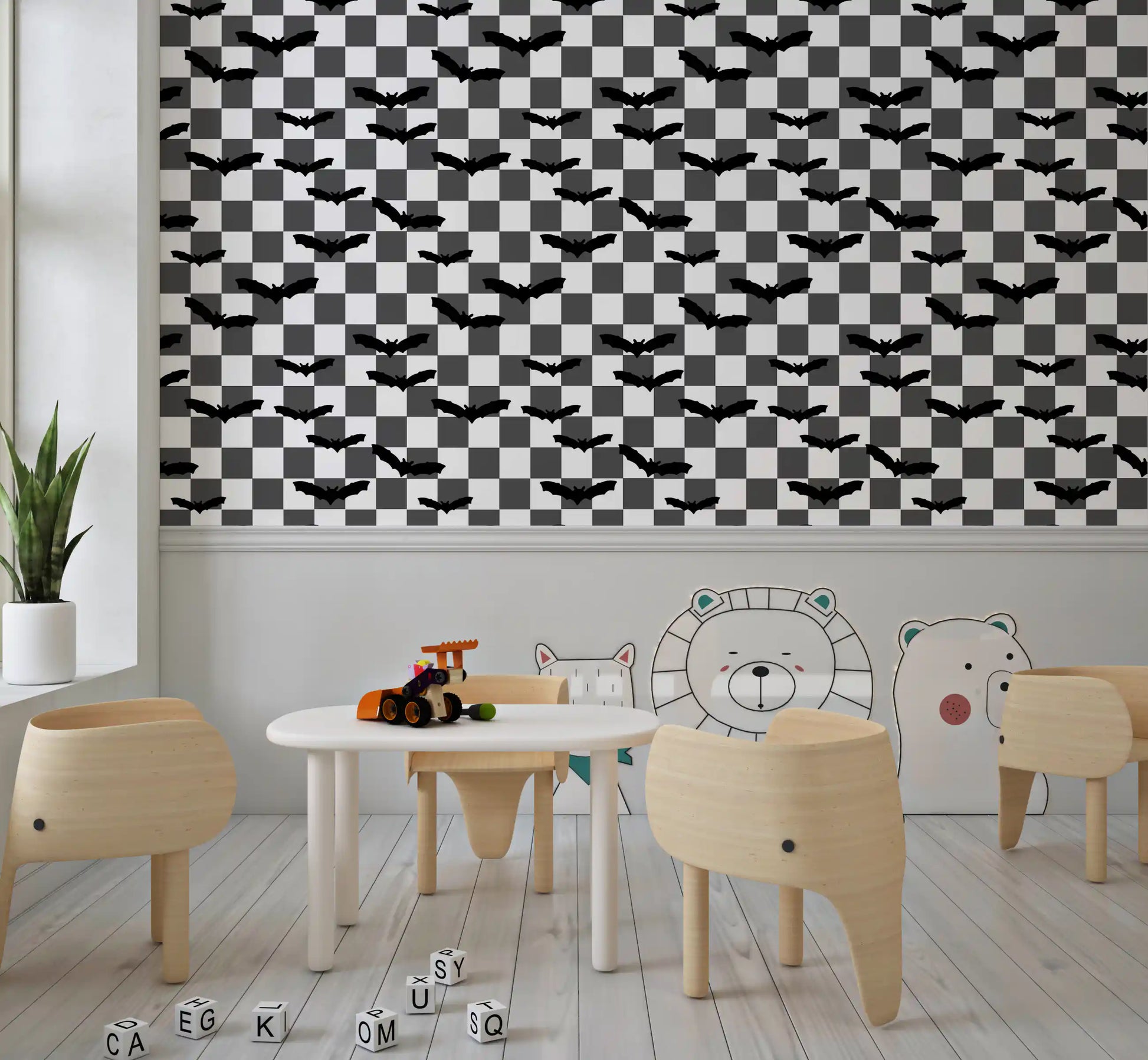 Play area wall finished with woodland mushroom wallpaper in earthy tones