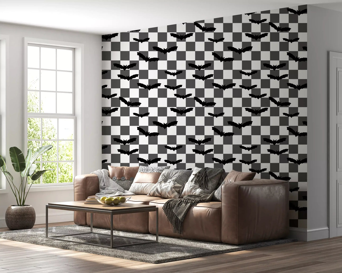 Earthy woodland wallpaper with mushroom shapes and scattered acorns
