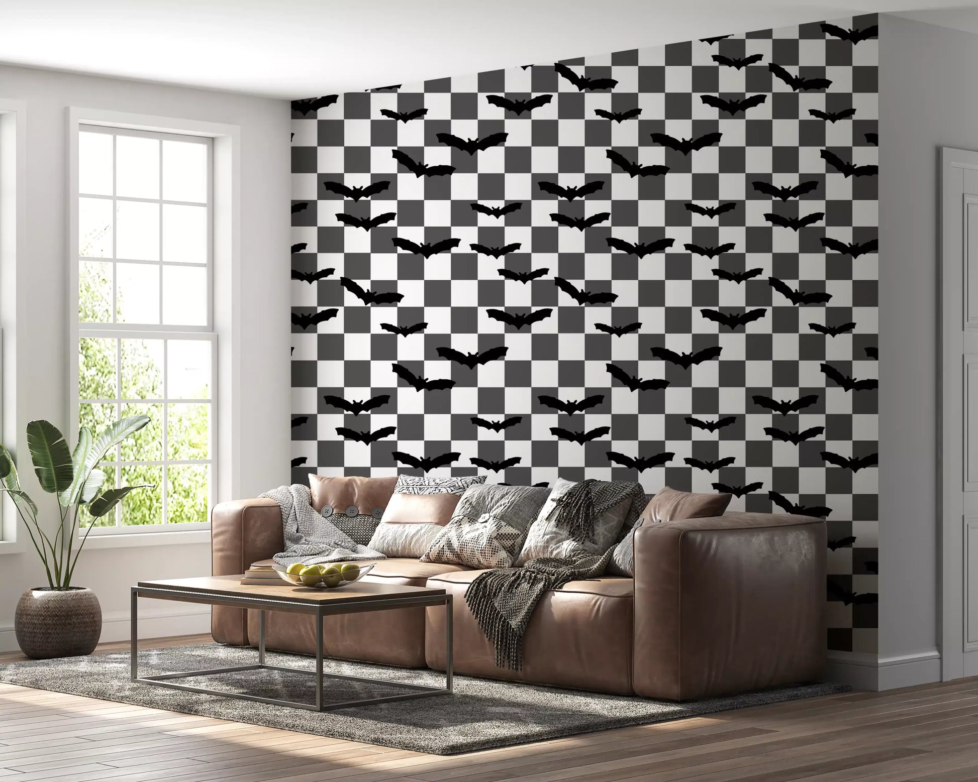 Earthy woodland wallpaper with mushroom shapes and scattered acorns