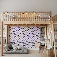 Graphic flying bats over grid in Checkered Purple Wallpaper style