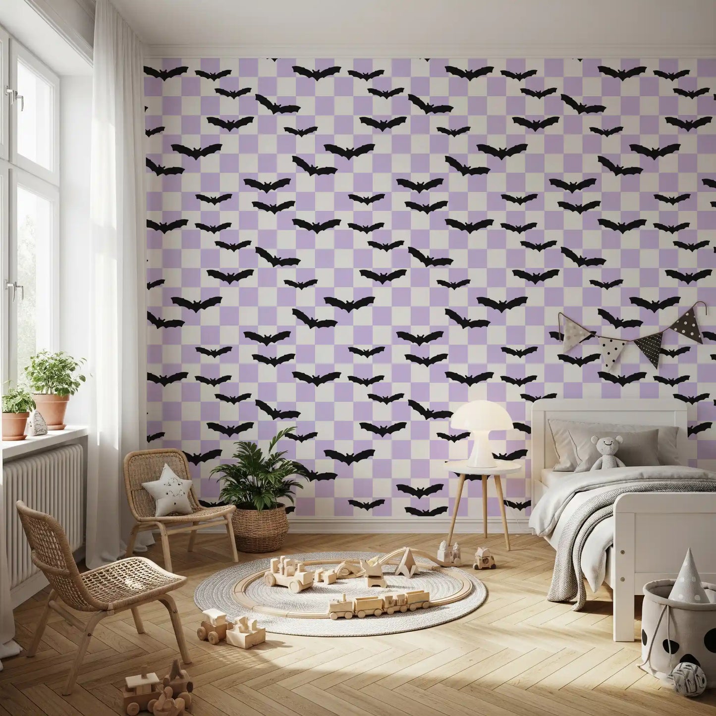 Kids room decorated with Checkered Purple Bats wallpaper design