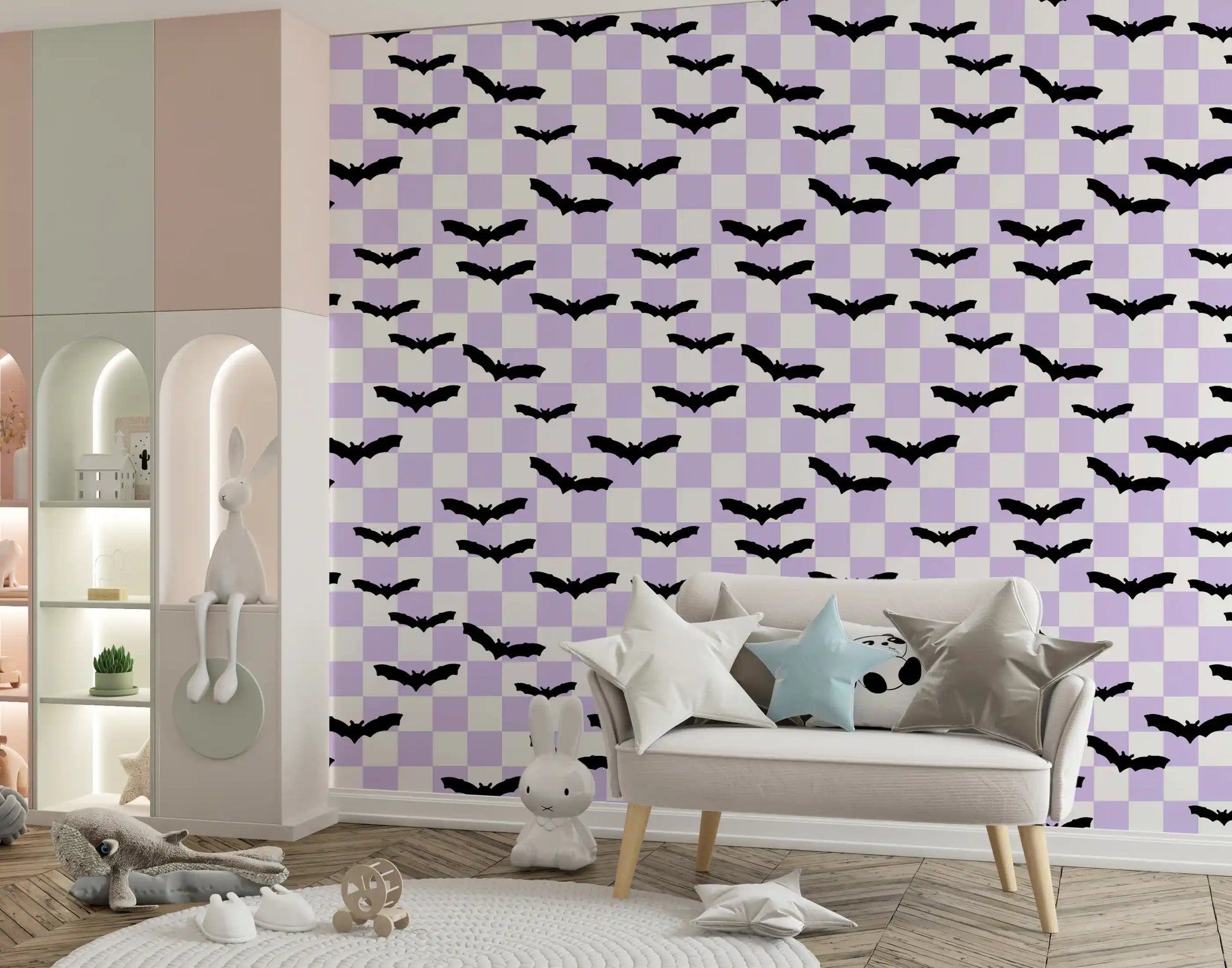 Play area wall finished in Purple Bat Pattern Wallpaper with grid background