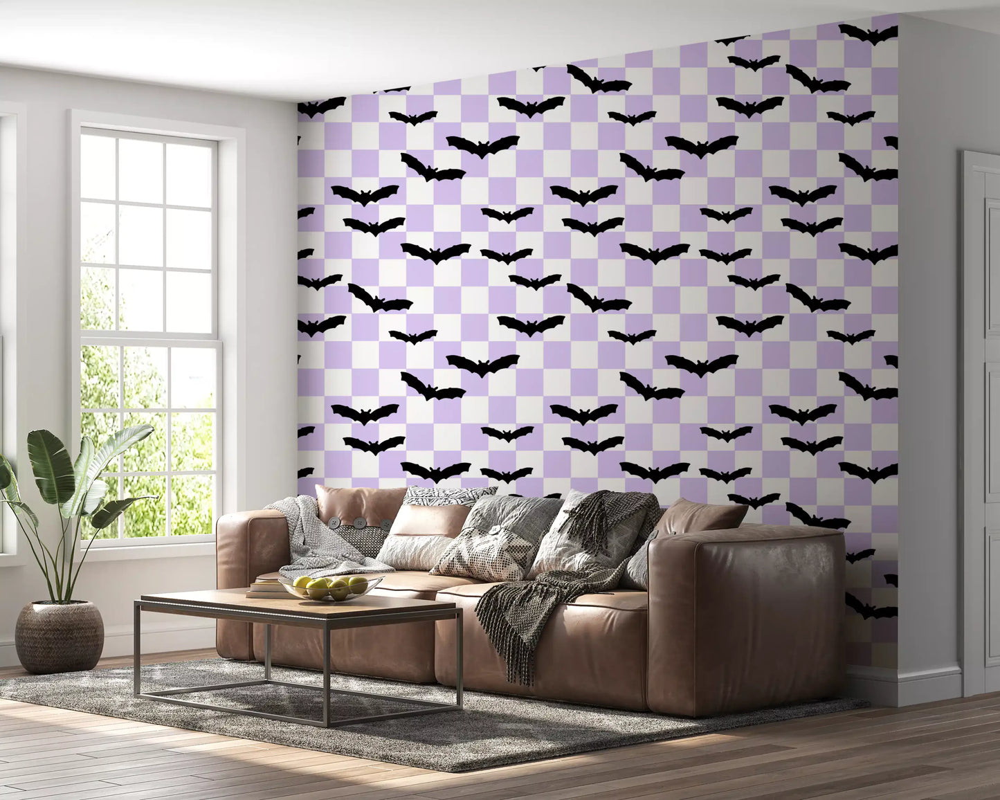 Hallway wall using Bats in Purple Wallpaper with bold black bat shapes
