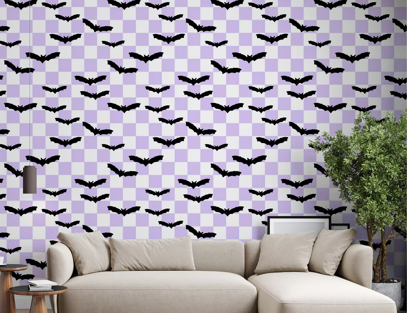 Living room styled with Checkered Bats Purple wallpaper and flying bat silhouettes