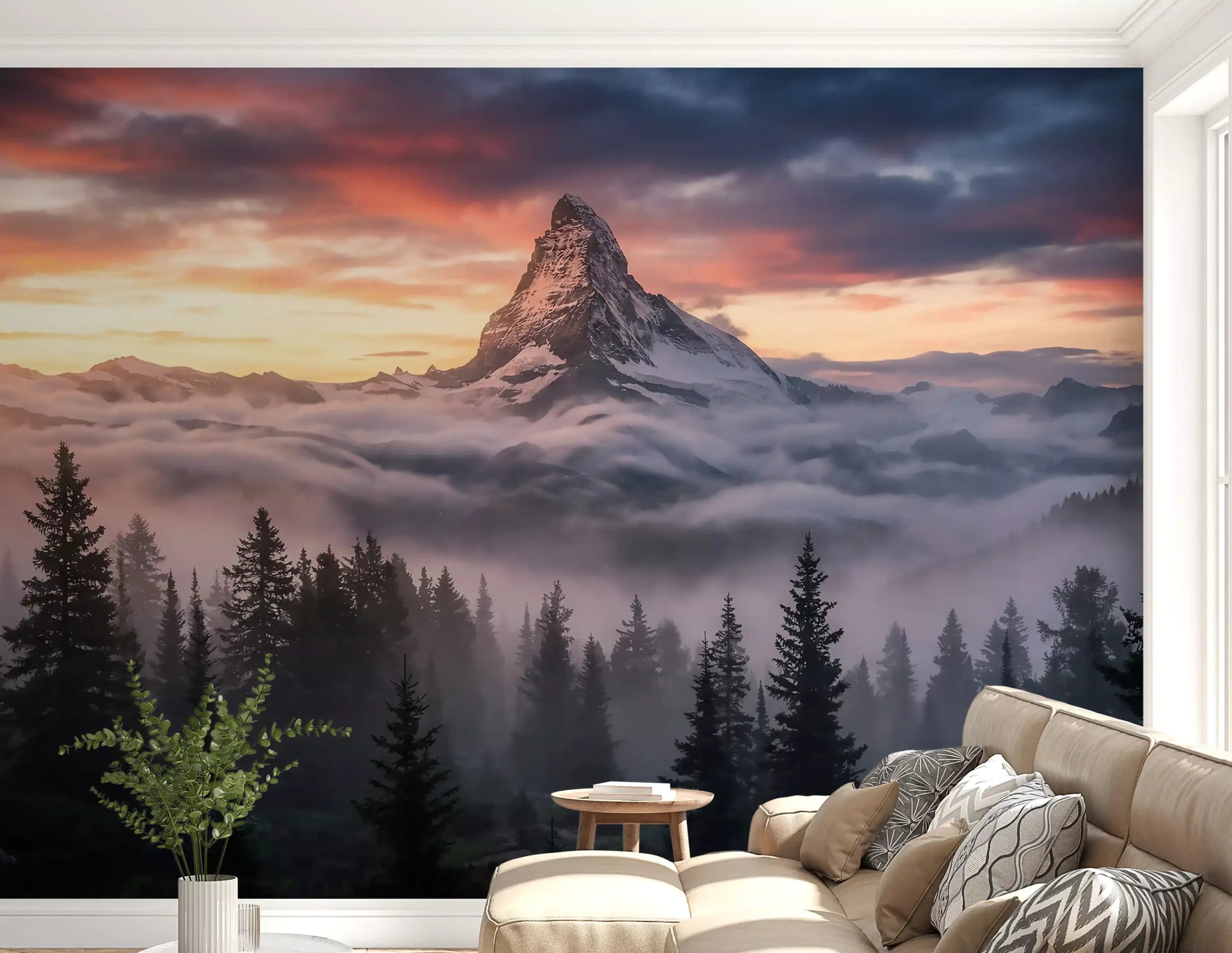 Living room with Mountain Majesty at Sunset wall mural and glowing alpine peak