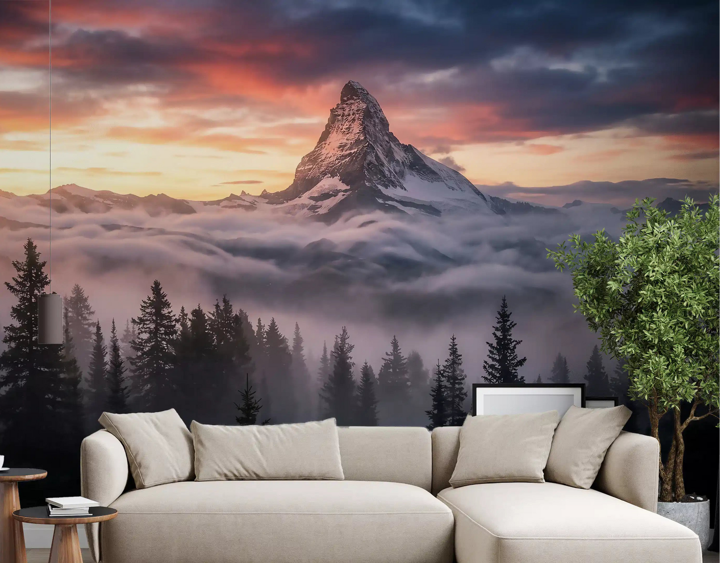 Living room with Alpenglow Summit Wall Mural and misty alpine peak view