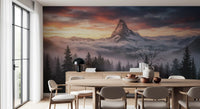 Dining room using mountain peak wall mural with clouds and warm alpenglow