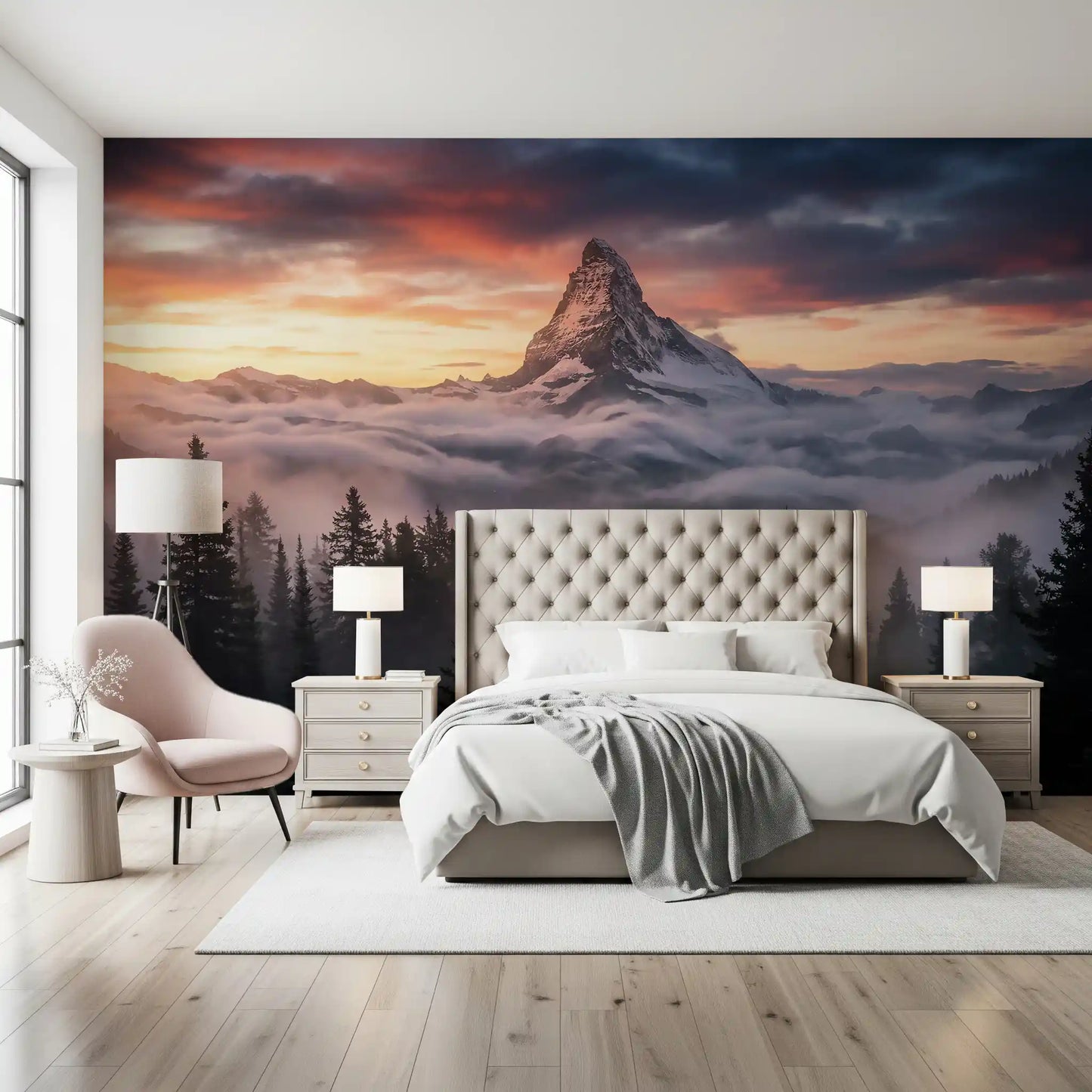Bedroom featuring Alpenglow Summit Wall Mural with glowing mountain sky