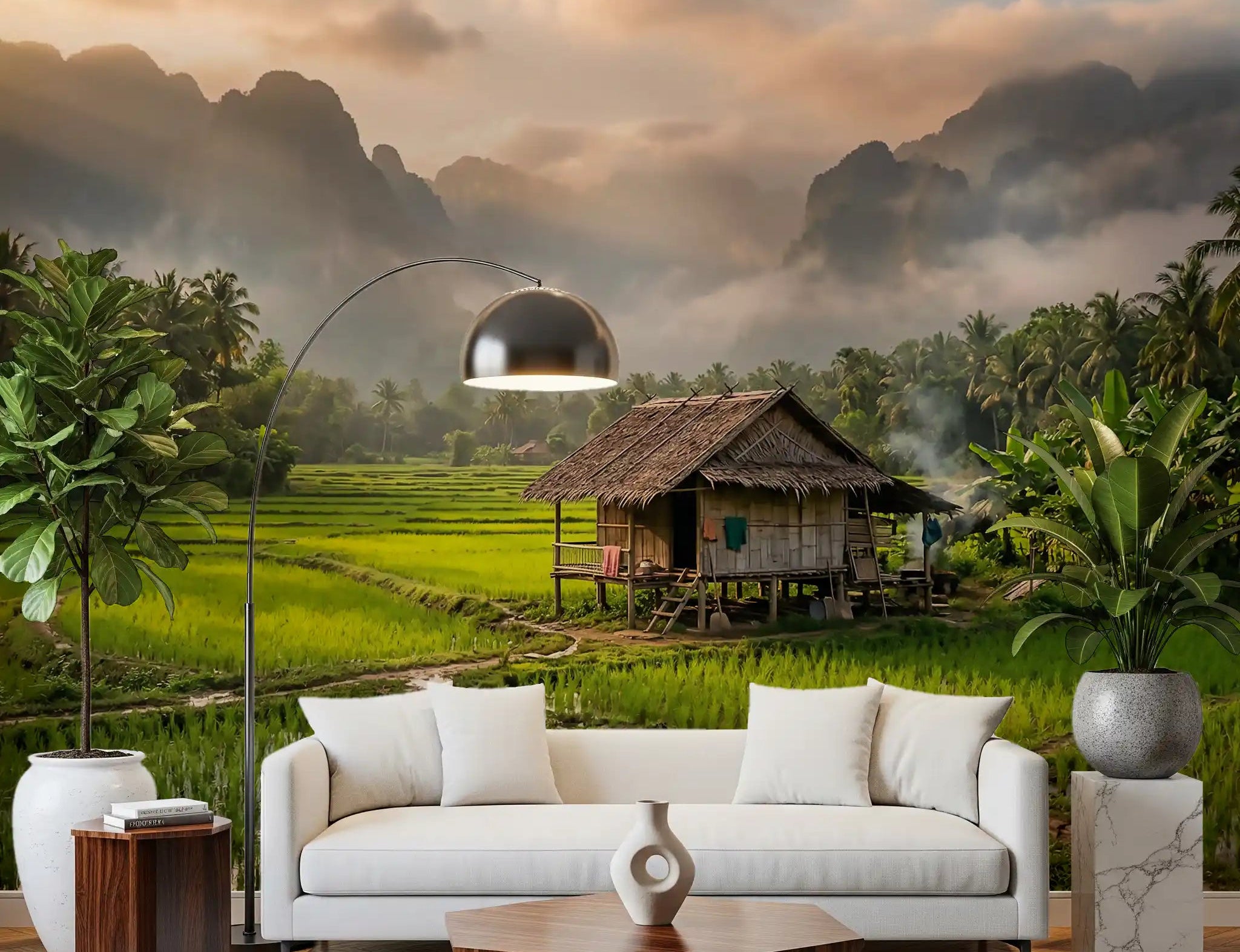 Misty Rice Field Wall Mural | Green Misty Mountain Panorama
