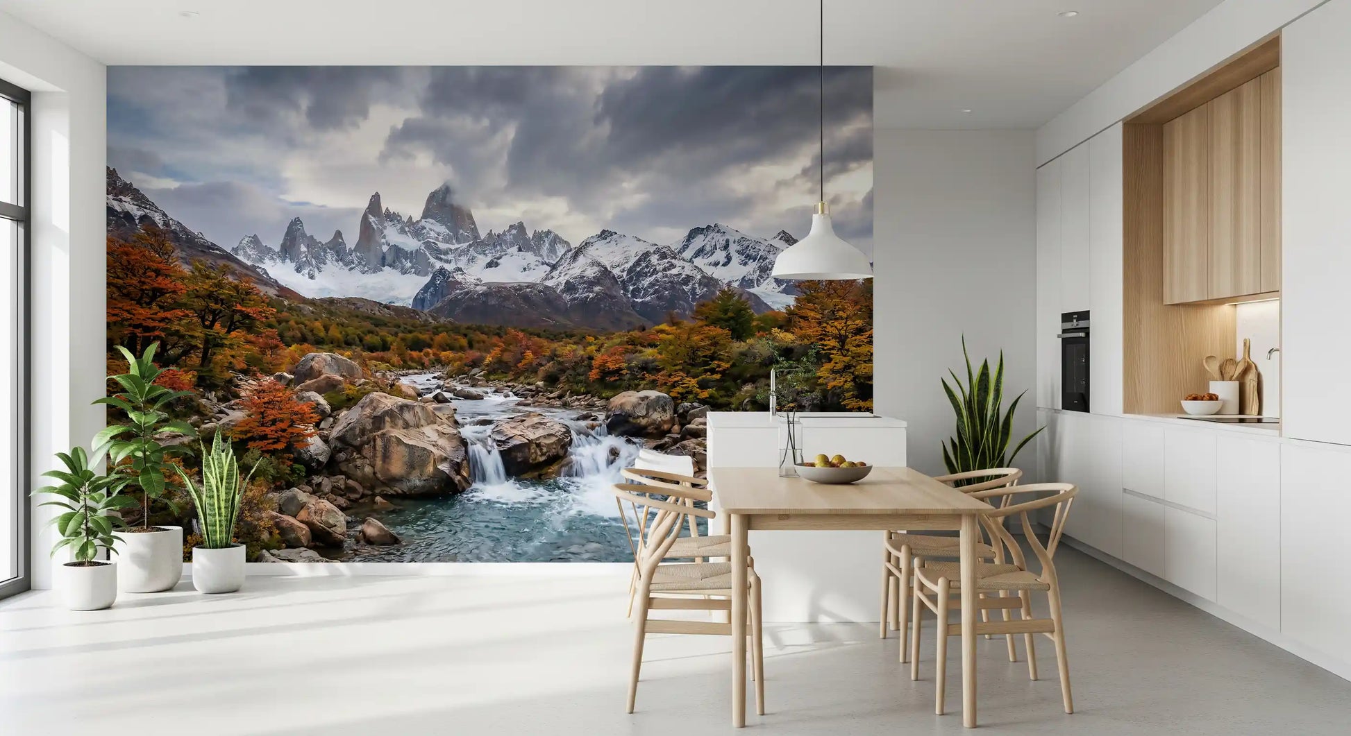 Fitz Roy Autumn River Wall Mural with rocky stream and snow-covered peaks