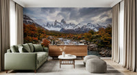 Hallway styled with autumn river wall mural and Fitz Roy mountain peaks