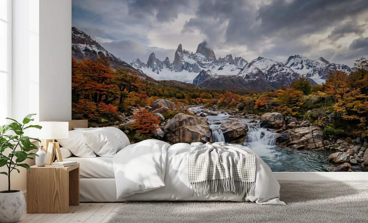 Bedroom using mountain landscape wall mural with cloudy Fitz Roy view