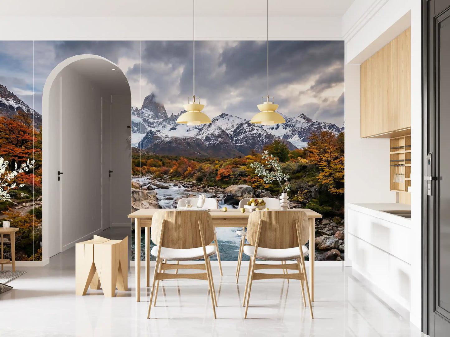 Dining area wall with Fitz Roy Autumn River Wall Mural and alpine river detail