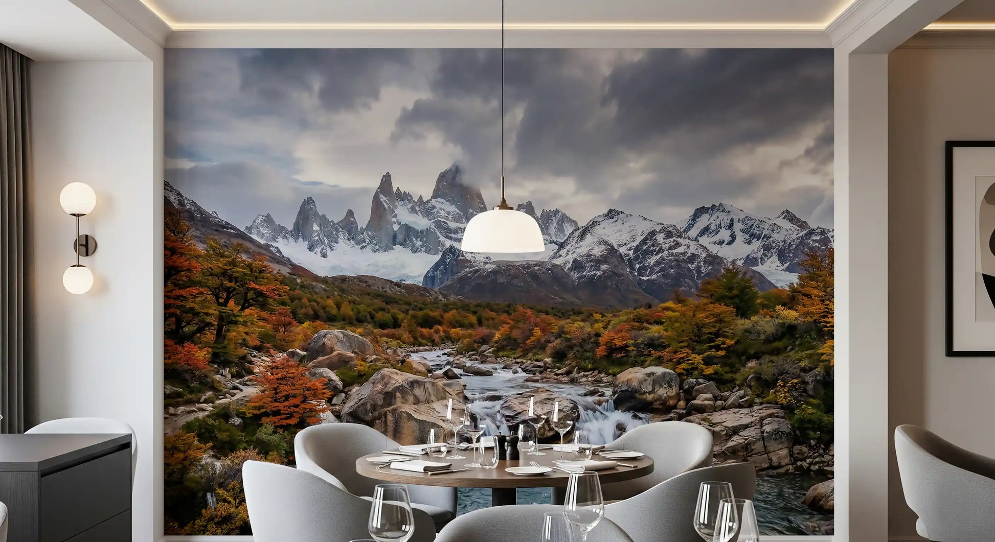 Mountain scenery wall mural with orange foliage and flowing blue river water