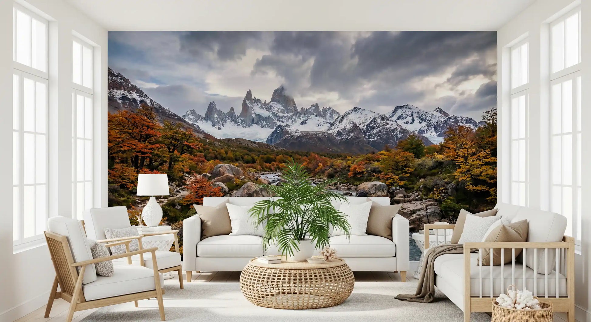 Fitz Roy mountain wall mural showing snow peaks, river rocks, and fall trees