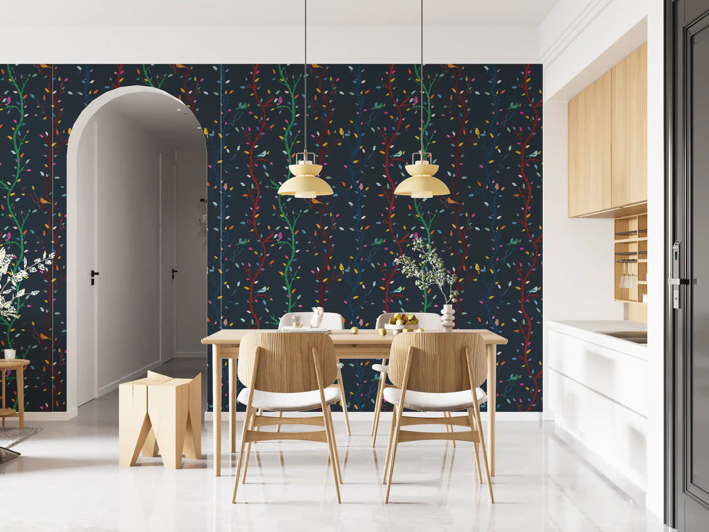 Mitternächtliche Waldzweige mit Vögeln Tapete