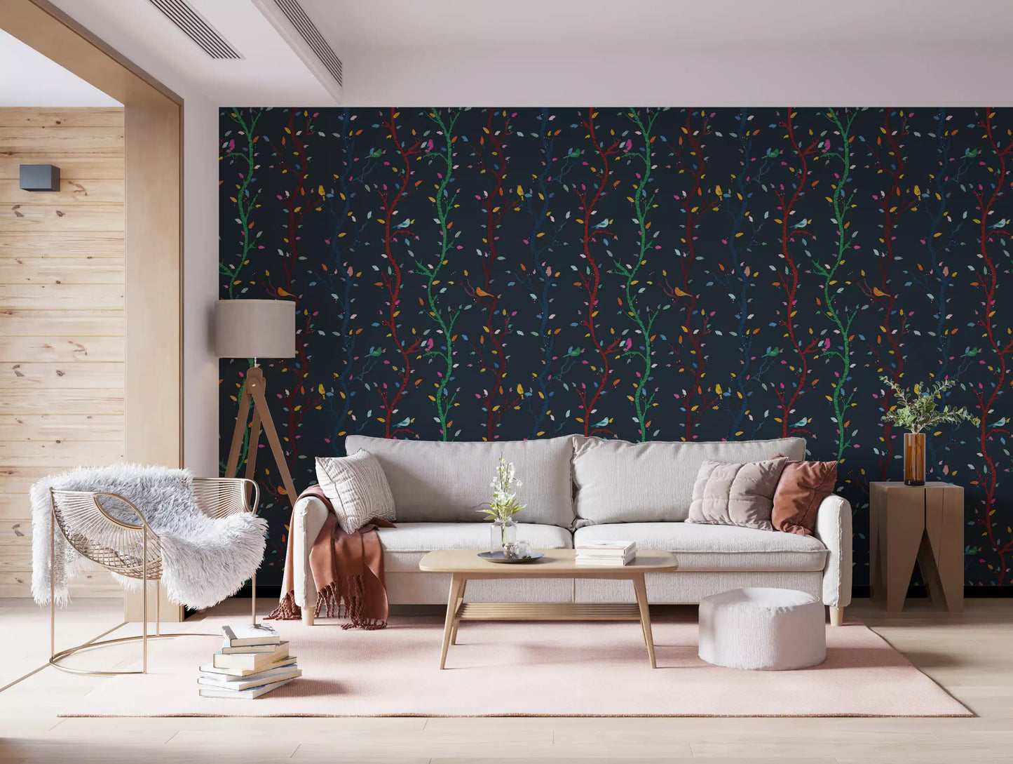 Mitternächtliche Waldzweige mit Vögeln Tapete