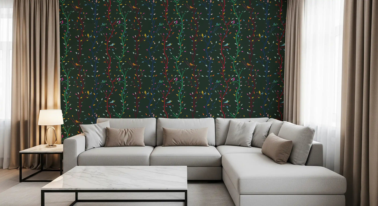 Waldnacht Waldzweige mit Vögeln Tapete