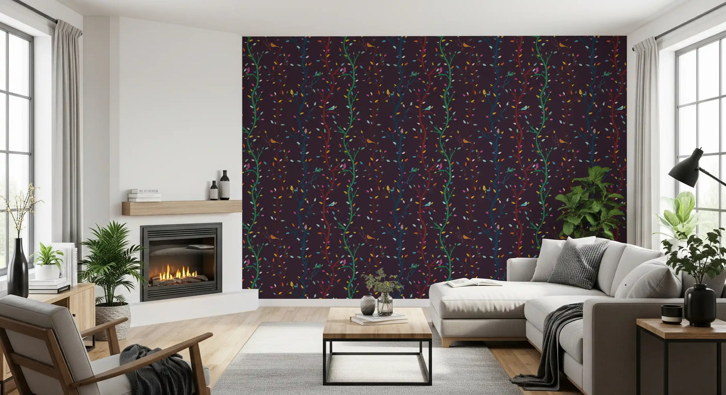 Papier peint Branches de forêt nocturne fuchsia avec oiseaux