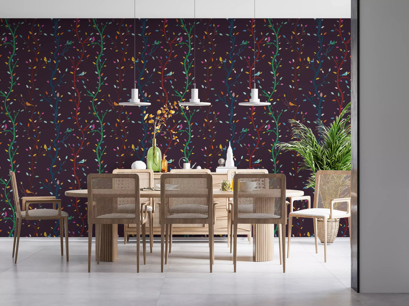 Fuchsienrote Nacht Waldzweige mit Vögeln Tapete